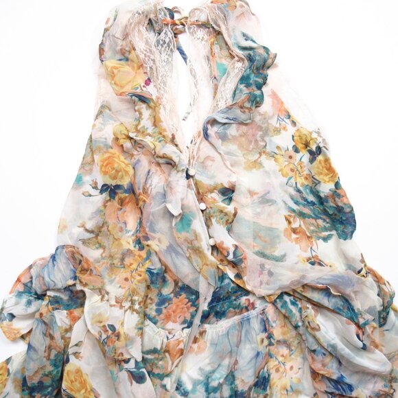 By Anthropologie Sleeveless Trailing Ruffle Blouse Floral Print Lace Trim Large - Picture 7 of 12